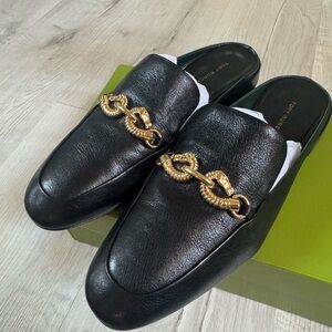 Tory Burch Black Leather Loafers with Gold Chain